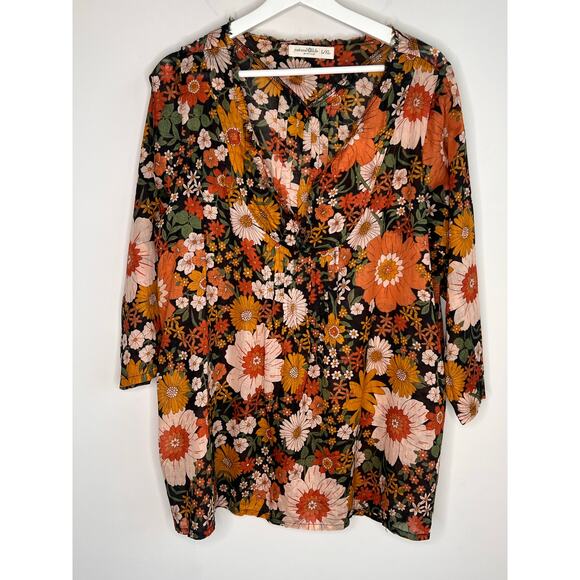Natural Life Floral Print Cotton 3/4 Sleeve V-Neck Blouse Top Brown Women's L/XL - Picture 4 of 12